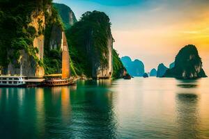 il tramonto al di sopra di halong baia. ai-generato foto