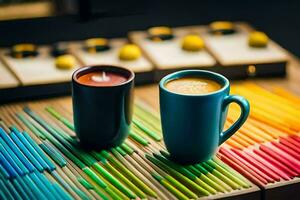 Due caffè tazze sedersi su un' tavolo con colorato bastoni. ai-generato foto