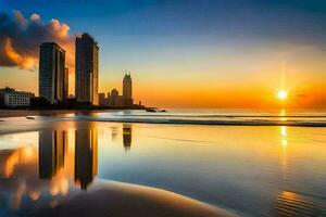 il sole imposta al di sopra di il spiaggia e edifici nel il sfondo. ai-generato foto