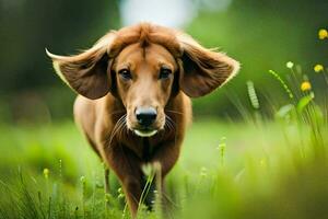 un' Marrone cane in esecuzione attraverso un' campo di erba. ai-generato foto