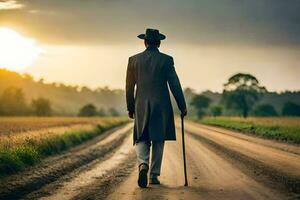 un' uomo nel un' completo da uomo passeggiate giù un' sporco strada. ai-generato foto