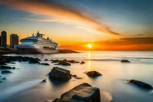 un' crociera nave nel il oceano a tramonto. ai-generato foto