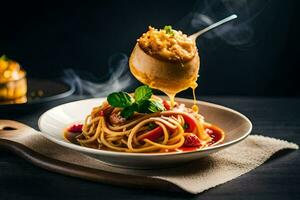 spaghetti con salsa e carne su un' piatto. ai-generato foto