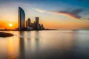 il sole imposta al di sopra di il città orizzonte nel abu dhabi. ai-generato foto