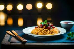 spaghetti con pomodoro salsa e basilico su un' piatto. ai-generato foto