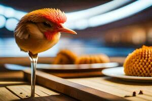 un' uccello con un' rosso testa seduta su un' tavolo. ai-generato foto