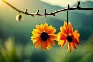 Due girasoli sospeso a partire dal un' ramo nel davanti di un' montagna. ai-generato foto