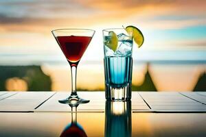 Due bicchieri di cocktail su un' tavolo con tramonto nel il sfondo. ai-generato foto