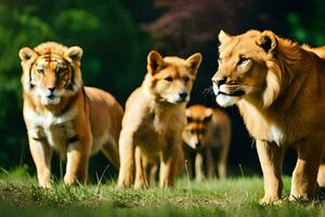 un' gruppo di leoni a piedi nel il erba. ai-generato foto