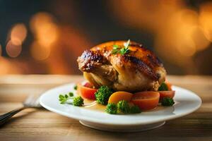 un' pollo su un' piatto con broccoli e pomodori. ai-generato foto