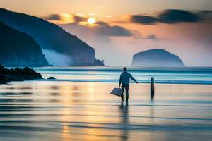 un' uomo a piedi su il spiaggia a tramonto. ai-generato foto