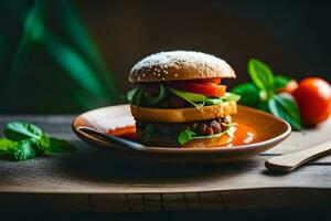 un' Hamburger su un' piatto con pomodori e erbe aromatiche. ai-generato foto