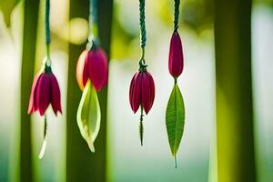 tre rosso fiori sospeso a partire dal bambù steli. ai-generato foto