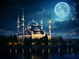 bellissimo blu moschea sotto un' pieno Luna generativo ai foto