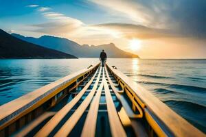 il uomo è in piedi su il fine di un' di legno barca nel il mezzo di il oceano. ai-generato foto