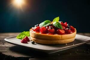 un' torta di formaggio con frutti di bosco e menta su un' piatto. ai-generato foto