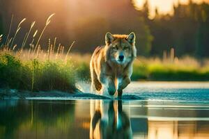 un' lupo in esecuzione attraverso il acqua a tramonto. ai-generato foto