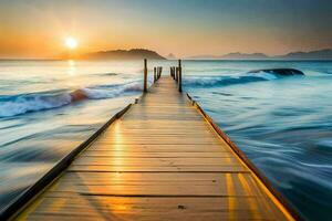 un' di legno molo allungamento in il oceano a tramonto. ai-generato foto