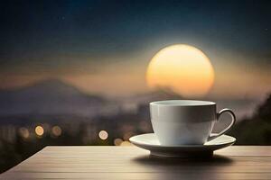 un' tazza di caffè su un' tavolo nel davanti di un' pieno Luna. ai-generato foto