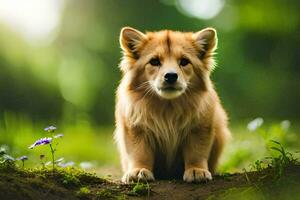 un' piccolo cane seduta su il terra nel il foresta. ai-generato foto