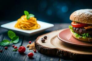 un' Hamburger con pomodori e formaggio su un' di legno tavolo. ai-generato foto