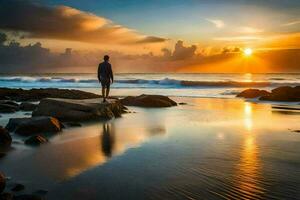 un' uomo sta su il spiaggia a tramonto. ai-generato foto