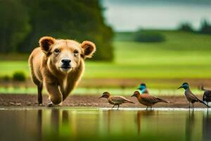un' orso a piedi attraverso il acqua con anatre. ai-generato foto