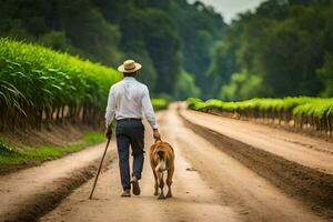 un' uomo a piedi il suo cane giù un' sporco strada. ai-generato foto