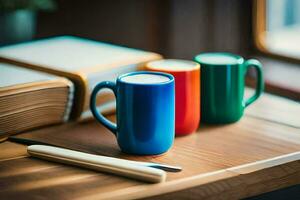 tre colorato caffè tazze su un' tavolo. ai-generato foto
