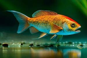 un' pesce con arancia e bianca strisce nuoto nel il acqua. ai-generato foto