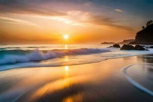 il sole sorge al di sopra di il oceano e onde su un' spiaggia. ai-generato foto