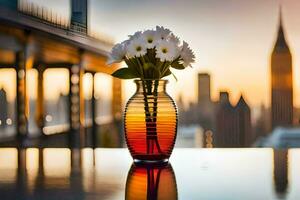 un' vaso di fiori su un' tavolo con un' città orizzonte nel il sfondo. ai-generato foto