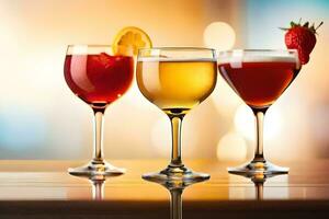 tre diverso tipi di alcolizzato bevande siamo mostrato. ai-generato foto