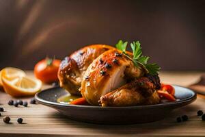 un' piatto con pollo e verdure su un' di legno tavolo. ai-generato foto