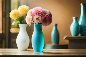 Due vasi con fiori nel loro su un' tavolo. ai-generato foto