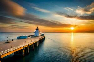 un' faro a tramonto su un' molo. ai-generato foto