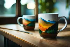 Due caffè tazze con montagne dipinto su loro. ai-generato foto