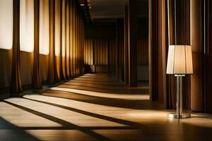 un' lampada è seduta su un' di legno pavimento nel un' corridoio. ai-generato foto