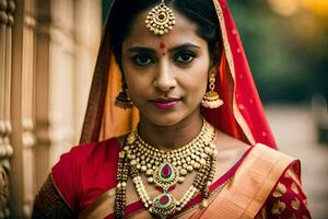 un' bellissimo indiano donna indossare tradizionale gioielleria. ai-generato foto