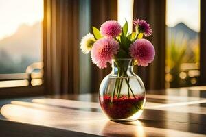 un' vaso con rosa fiori seduta su un' tavolo. ai-generato foto