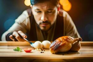 un' uomo è mangiare un' pollo su un' taglio tavola. ai-generato foto