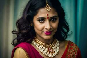 un' bellissimo indiano donna indossare un' rosso sari e oro gioielleria. ai-generato foto