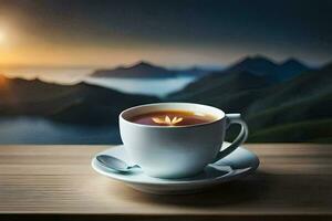 un' tazza di tè su un' di legno tavolo con un' Visualizza di il montagne. ai-generato foto