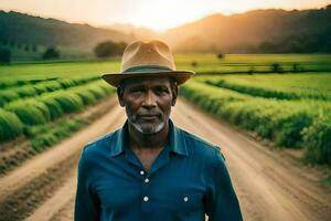 un africano uomo in piedi nel un' riso campo. ai-generato foto