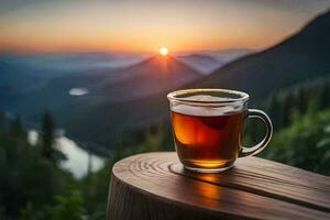 un' tazza di tè su un' di legno tavolo prospiciente un' bellissimo montagna Visualizza. ai-generato foto