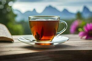 un' tazza di tè su un' tavolo con montagne nel il sfondo. ai-generato foto