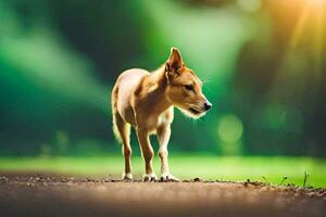 un' cane a piedi su un' sporco strada nel il mezzo di un' campo. ai-generato foto