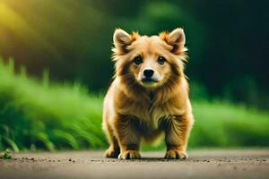 un' piccolo Marrone cane è in piedi su il strada. ai-generato foto