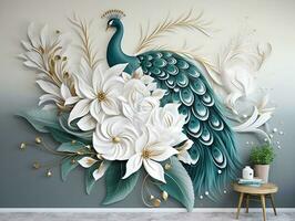 3d moderno interno parete arte arredamento con bianca, buio verde, e d'oro tropicale palma foglia rami e fiori con piume pavone uccello illustrazione sfondo generativo ai foto