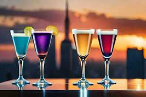 quattro bicchieri di diverso colorato bevande su un' tavolo con un' città orizzonte nel il sfondo. ai-generato foto
